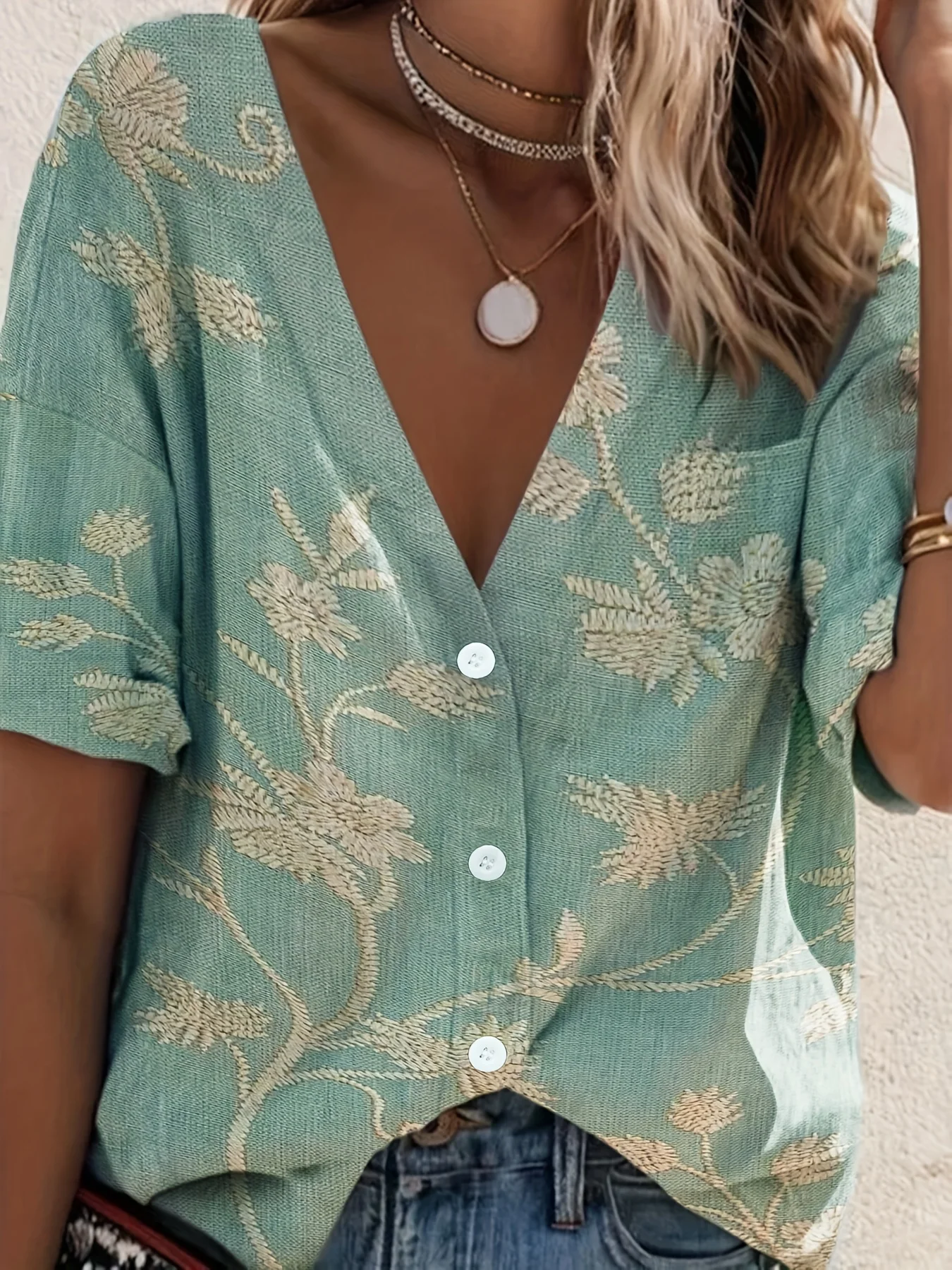

Western leisure vacation ethnic style geometric print three-quarter sleeve trumpet sleeve women's shirt