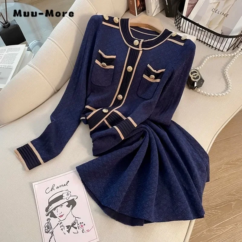 Vestido Midi de manga larga con cuello redondo para mujer, traje de oficina Vintage de retales, informal, elegante, cálido, invierno, 2023