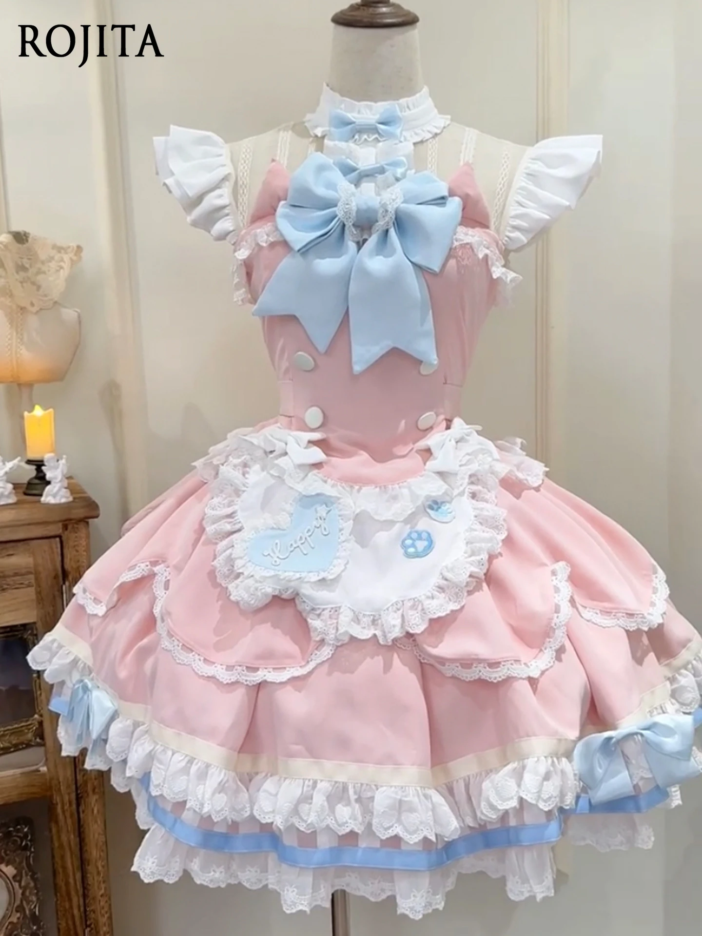 

Princess Dress Sweet and Cute Girly Pink and Blue Lolita Dress Japanese Style Maid Outfit Apron Birthday Dress for Women