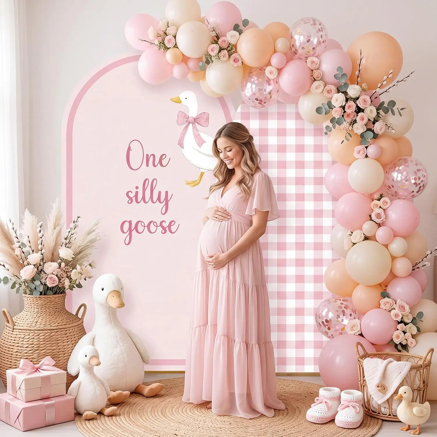 Custom 2-sided One Silly Goose Arch Backdrop Cover Pink Gingham  Newborn 1st Birthday Party Cake Table Photo Background Supplies