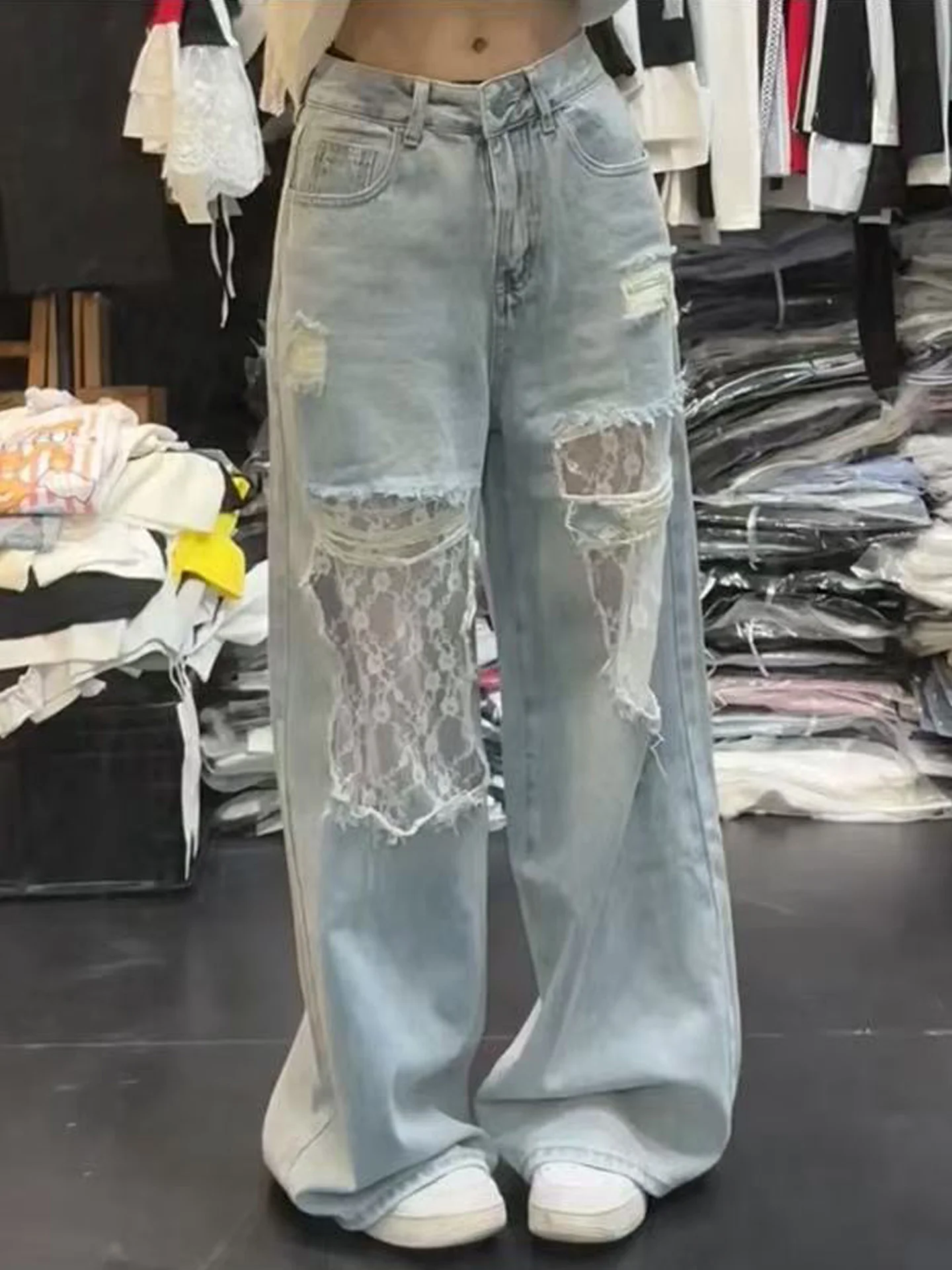 

Retro Patchwork Lace Hole Denim Pants Women Summer New Loose Wide Leg High Waist Slimming Versatile Pants High Waist Jeans