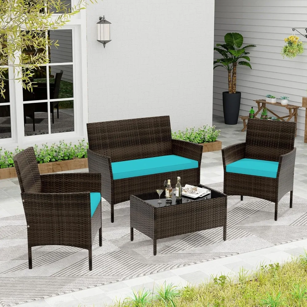 

4 Piece Patio Furniture Set, Outdoor Rattan Conversation Set with Loveseat, Wicker Chairs, Tempered Glass Coffee Table