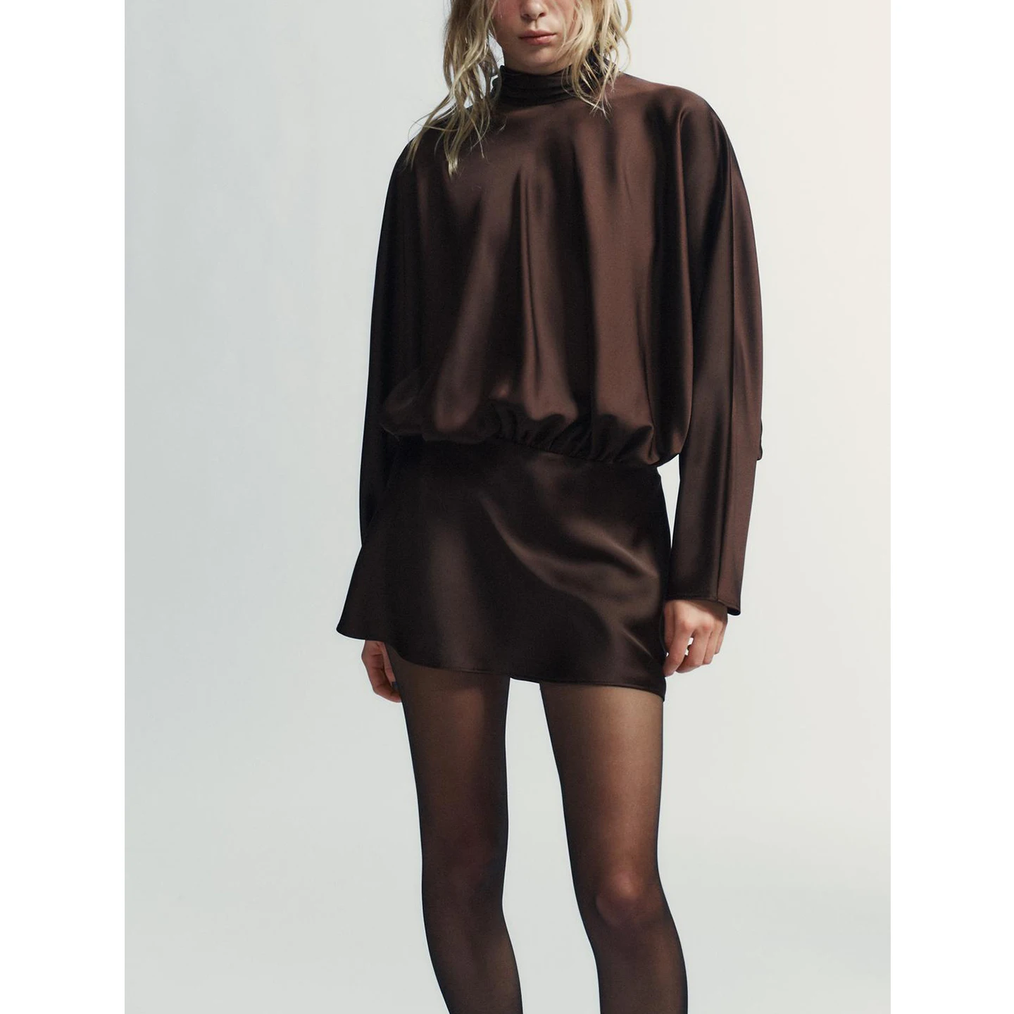 Soie Satin longue Sve col haut ample femmes Dr avec écharpe décontracté a-ligne jupe Polyester tissu fermeture à glissière