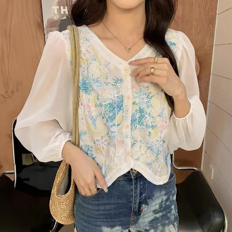 

Женский кардиган, топ с блестками, цветочным принтом, длинным рукавом и пуговицами спереди, вязаная крючком блузка сзади, Сказочная пляжная одежда на весну и лето