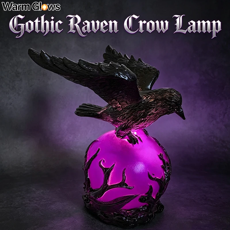 Gothic Raven Resin Led Lamp, Purple Glow Sphere Mysterious Desk Night Light, Unique Dark Art Ornament For Halloween Home Decor