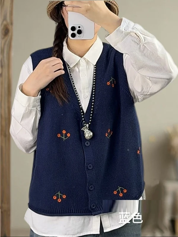 Retro Print V-Neck Single Button Knitted Open Cardigan Women's Vest Autumn New Sweater Shoulder Pad Vest Women's Fashion