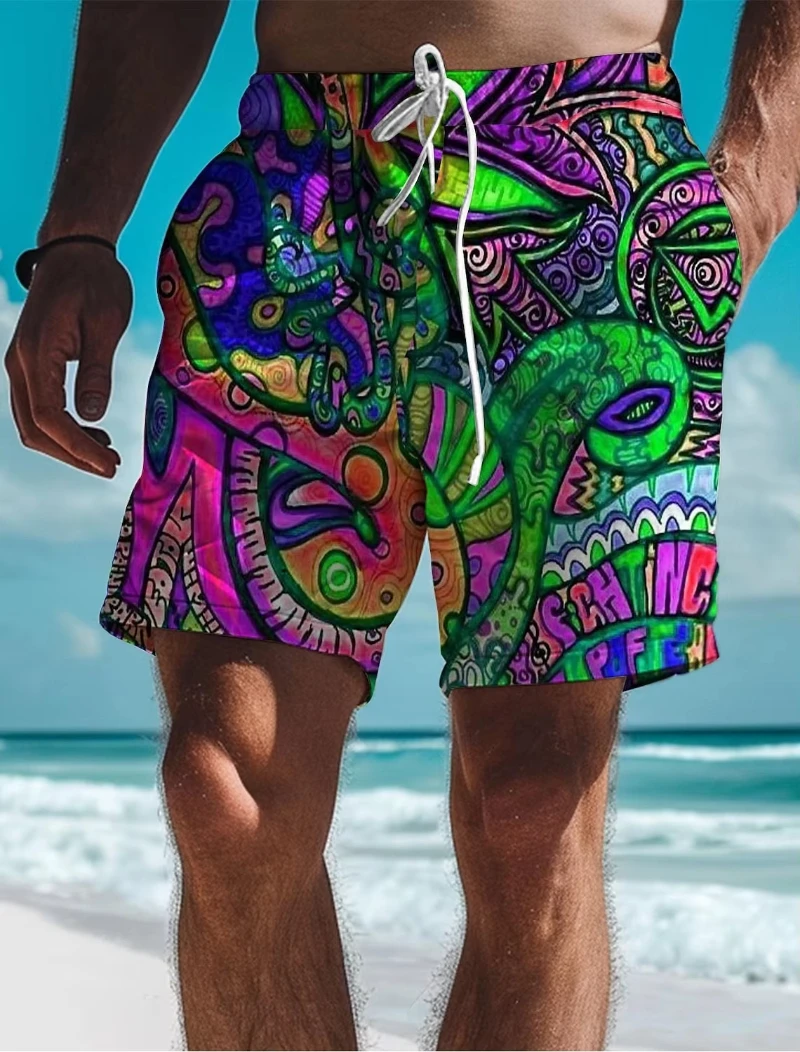 New 3D Printed Graffiti Graphic Men's Board Shorts Fashion Casual Swim Trunks Quick Drying Hawaiian Style Holiday Shorts Trunks