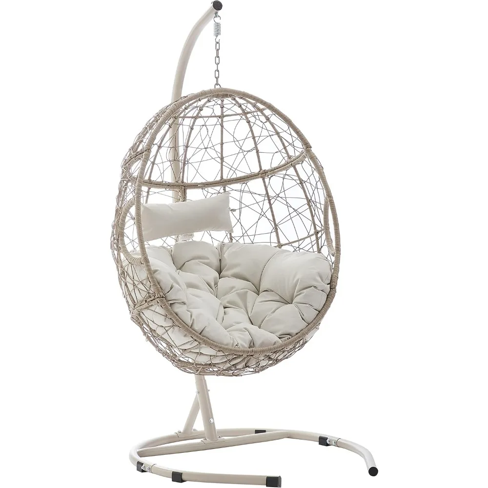 

Wicker Indoor Outdoor Hanging Egg Chair with Stand for Patio, Porch, Deck, Light Brown with Sand Cushions Living Room Chairs