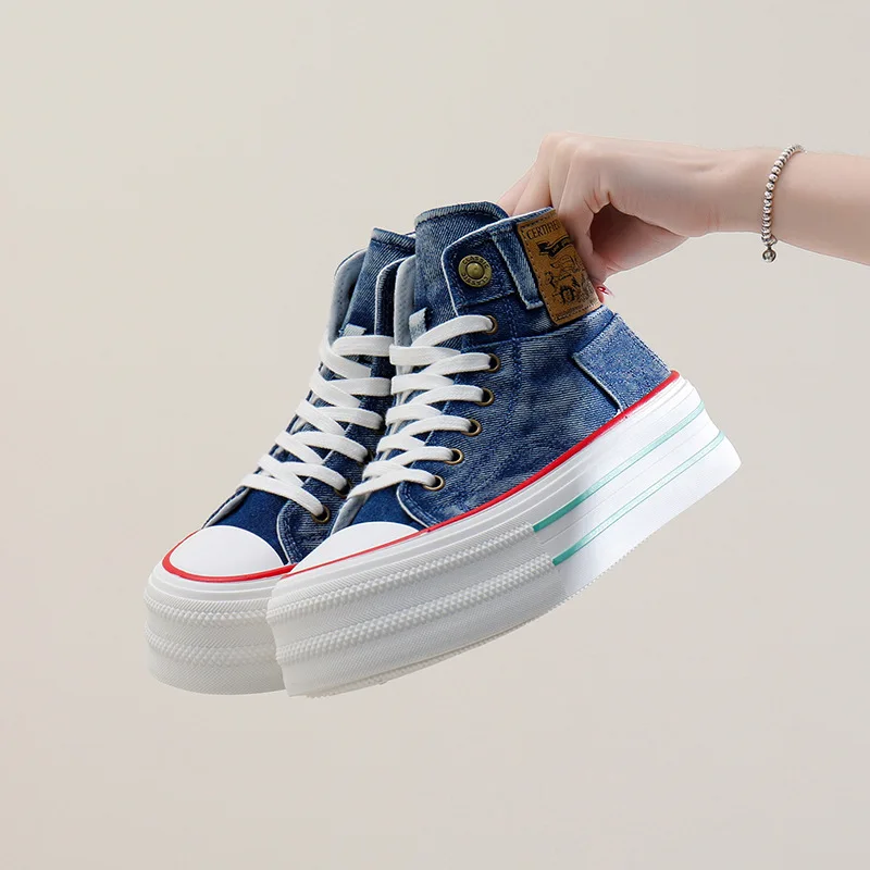 35-40 Women Denim Short Boots Thick Sole 5CM Height Increasing Female Canvas Shoes High Top Lace Up Patchwork Upper All Match image 2