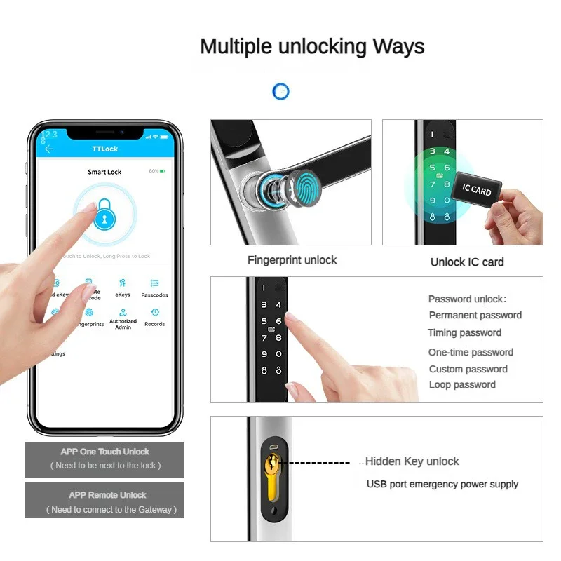 IP66 Waterproof TTLock APP Aluminum Alloy Sliding Door Smart Lock Fingerprint RFID Card Code Electronic Glass Door Lock Security