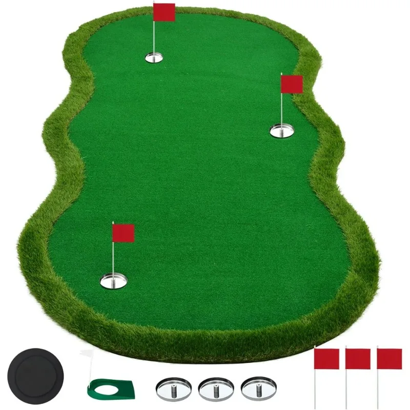 

Indoor Outdoor Golf Putting Green Mat with 3 Holes Flags Slope Challenge Cup for Home Golf Simulators