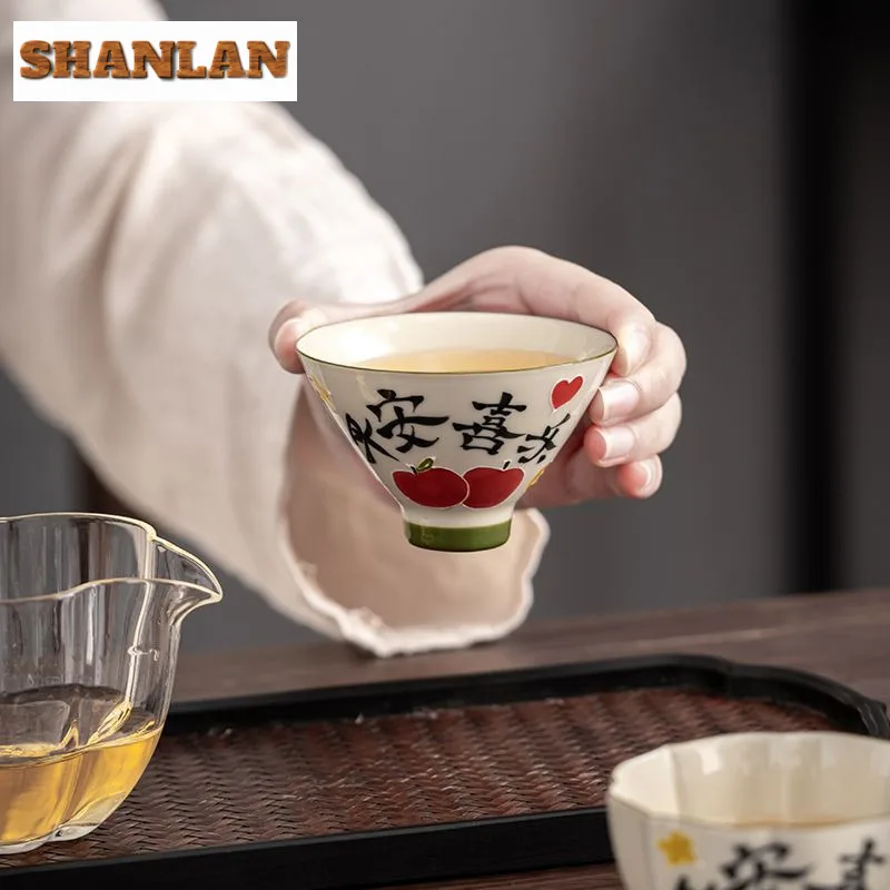 Hand Drawn Peace And Joy Ceramic Teacup Grass Ash Master Cup Tasting Tea Bowl Meditation Cup Personal Mug Kung Fu Tea Set Gifts image 6