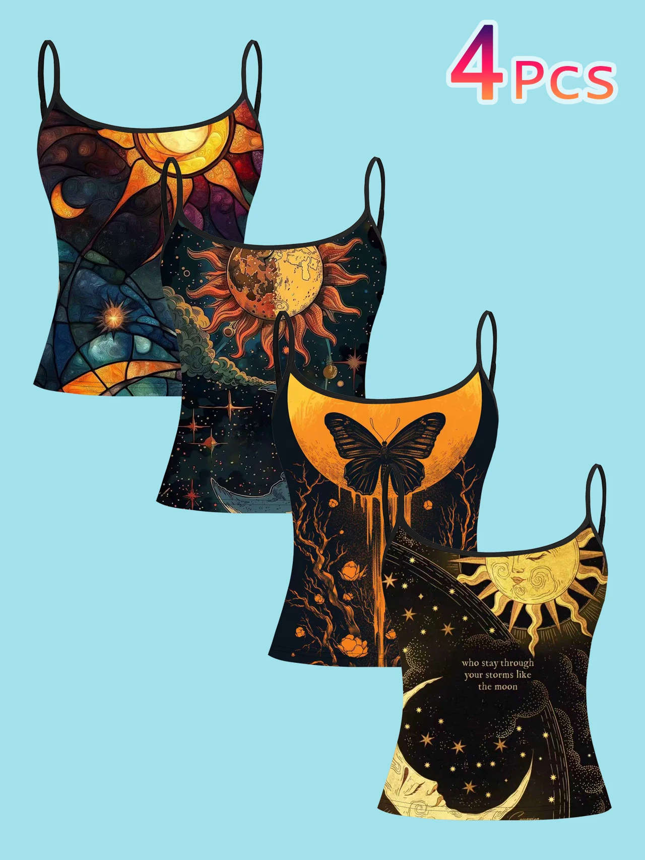 4-Piece Set of Women's Spaghetti Strap Camisoles, Vintage Stained Glass Sun, Moon, Stars, and Butterfly Patterned All-Over Print Slim-Fit Sleeveless Tops, Mysterious Astrology Style Outerwear and Inner Layering Shirts