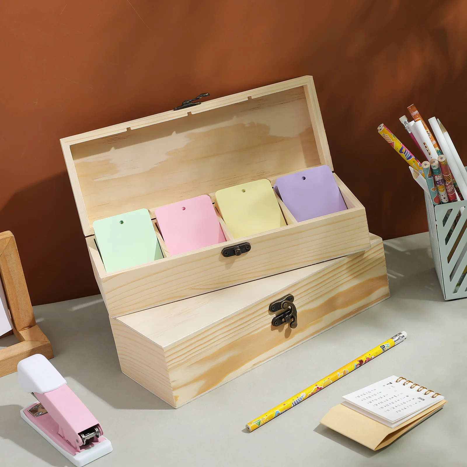 2Pcs Pine Wood Storage Organizer Box Rustic Four Compartment Container for Jewelry Card Holder Craft Storage Solution