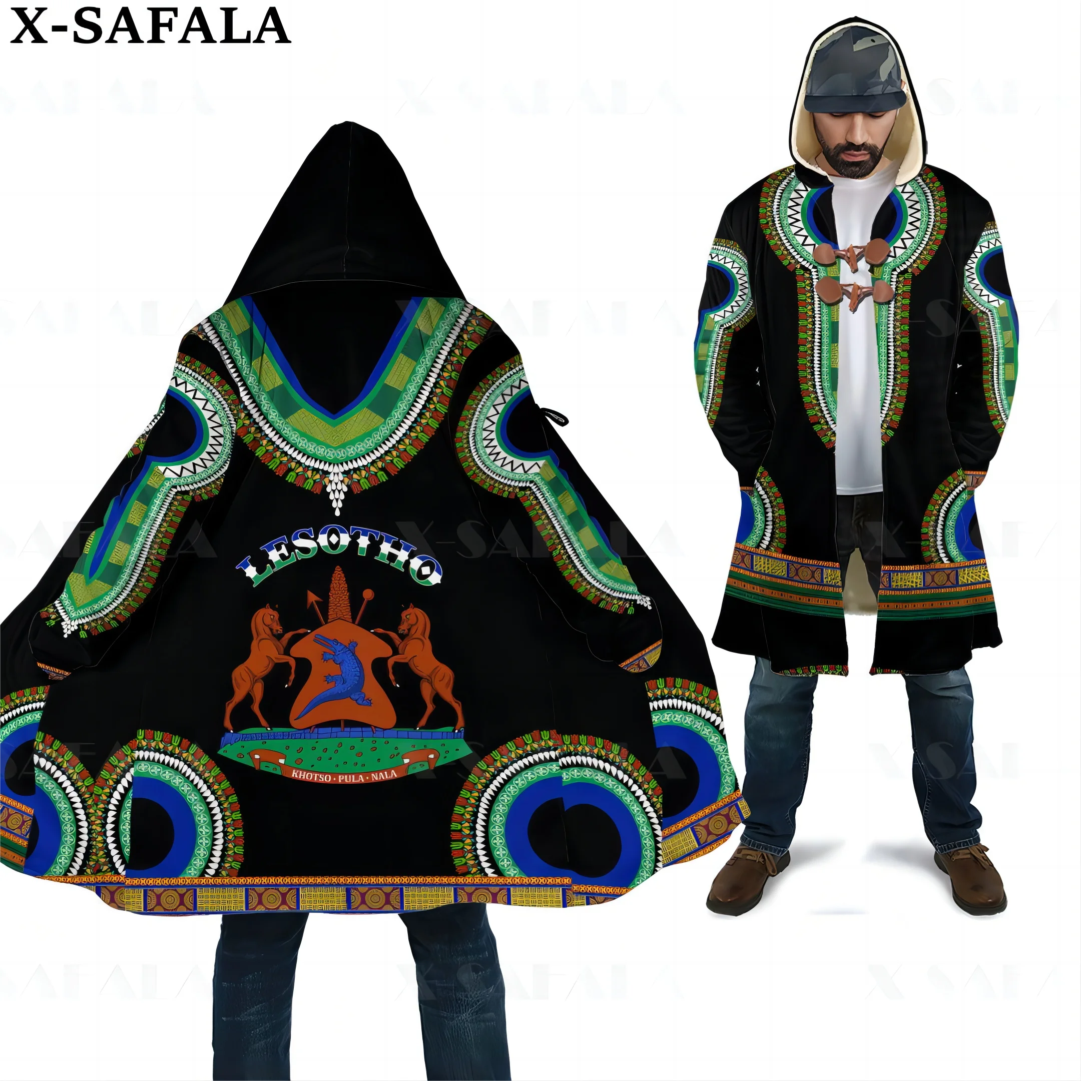 Lesotho Emblem Action Flag Country Art  Thick Warm Hooded 3D Print Cloak Men Overcoat Coat Windproof Fleece Cape Robe Blanket-1