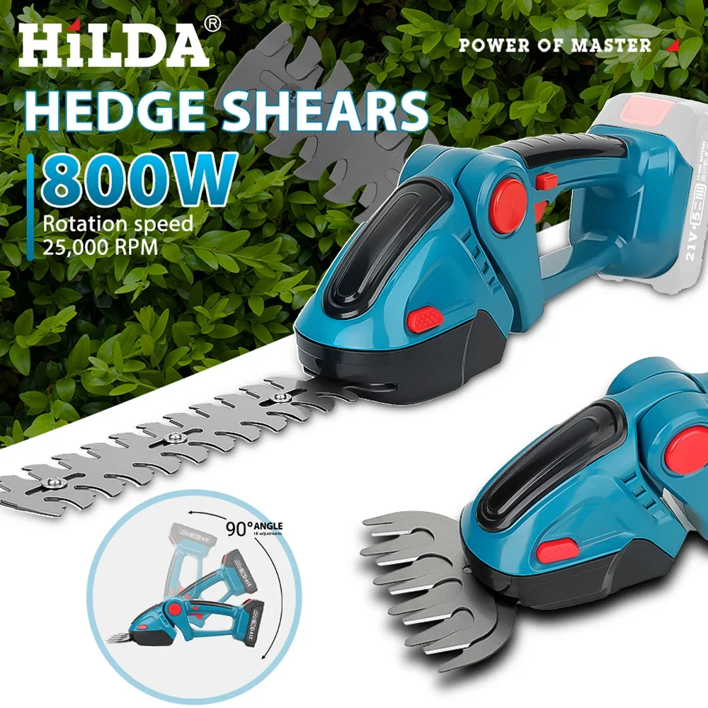 HILDA 2 in 1 Cordless Hedge Trimmer 21V Cordless Handheld Grass Trimmer 90° Rotatable Blade Shrub Pruning Cutter for Garden