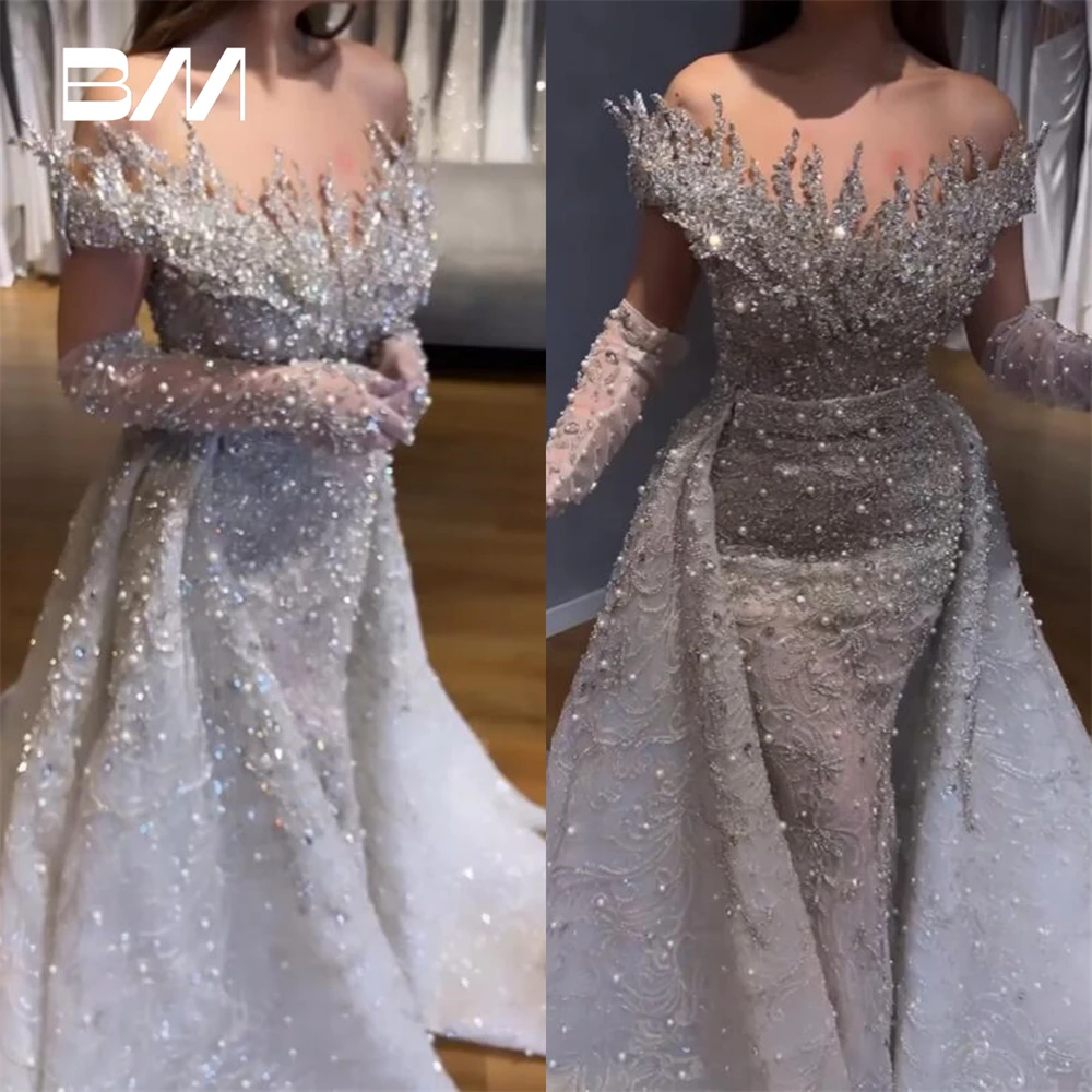 2in1 Mermaid Luxury Women Wedding Dress With Removable Train Pearls Bridal Gown Custom Made Exquisite Beads  Bride Dresses