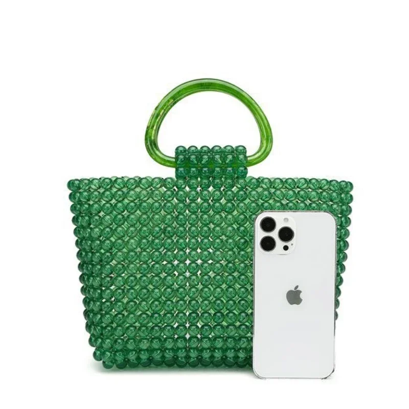 Bolso de mano con cuentas acrílicas verdes para mujer, diseño de lujo, cristal transparente, Asa superior, tejido a mano, fiesta, tendencia de verano