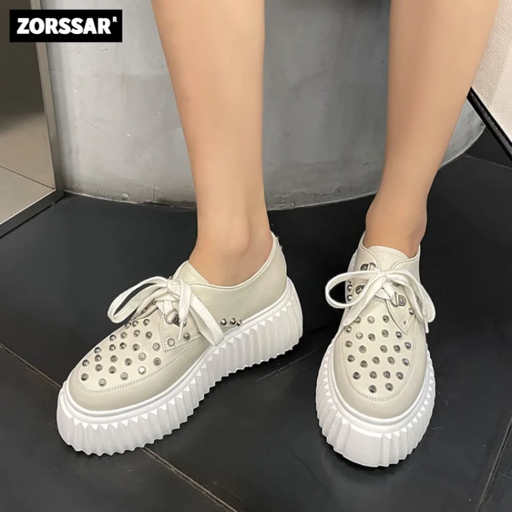 

Fashion Rivet Women Platform Vulcanize Shoes Woman Casual Shoes Lace-Up Thick Sole Sport Shoes Cow Leather Women Chunky Sneakers