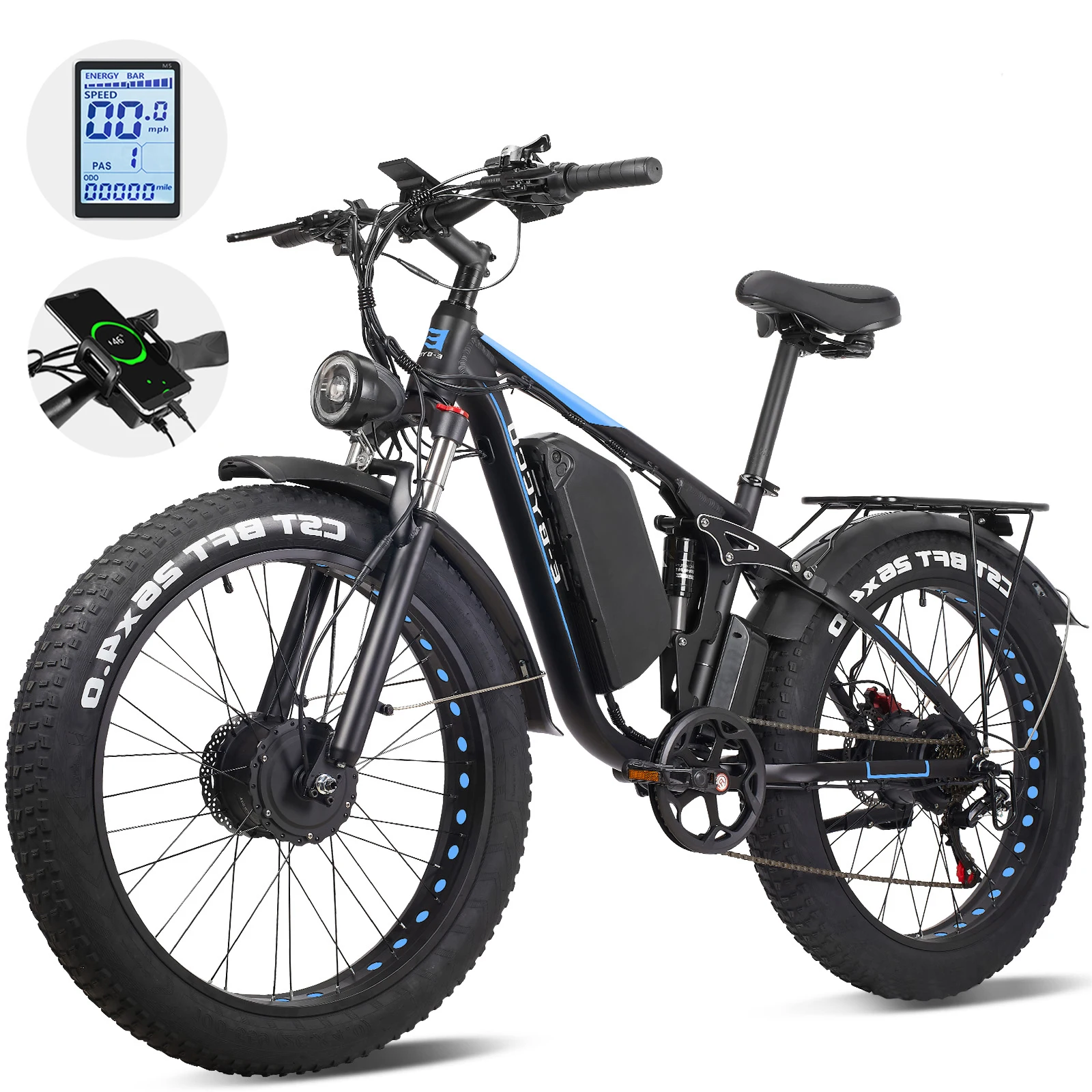 Vélo électrique tout-terrain pour adultes EBYCCO EB7PRO, conforme aux normes européennes, 25 km/h, pneus larges 26*4.0'', batterie grande capacité 52V 23AH, suspension intégrale, longue autonomie.