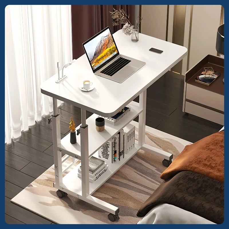 

Adjustable Mobile Bedside Table - Rolling Laptop Desk with 2-Tier Shelf, 80x40cm Small Office Table for Bedroom, laptop desk