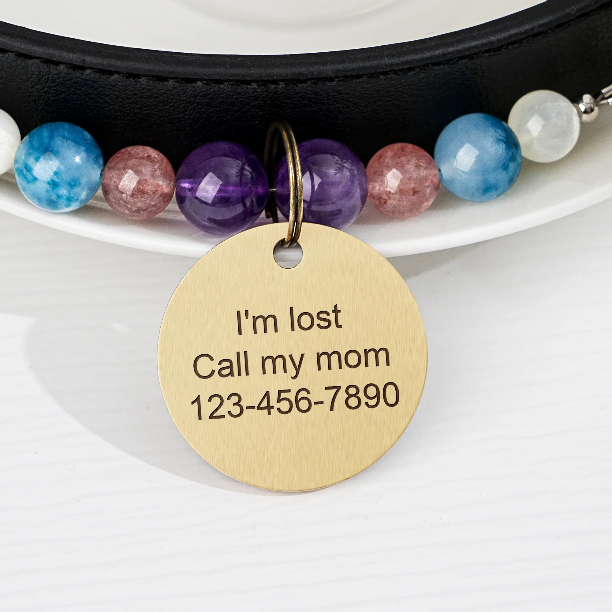 Custom Beaded Dog Collar with Engraved Name Tag, Adjustable PU Leather Pet Collar Personalized ID Nameplate for Medium Large Dog