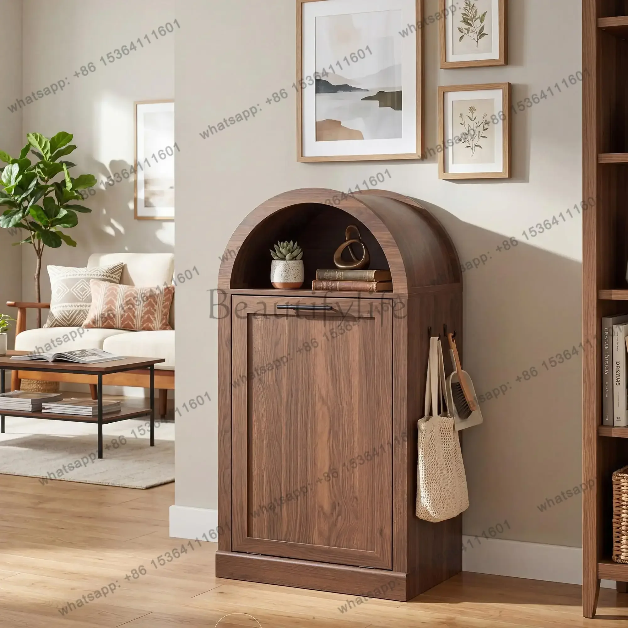 Factory Direct Arched Tilt-Out Trash Can Cabinet,Laundry Hamper Cabinet With Foldable Laundry Basket,Wooden Hidden Garbage, Cust