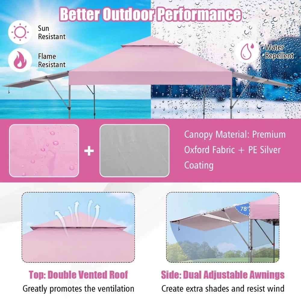 10'x17.6' Outdoor Instant Pop-up Canopy Tent Dual Half Awnings Adjust Patio Pink view 4
