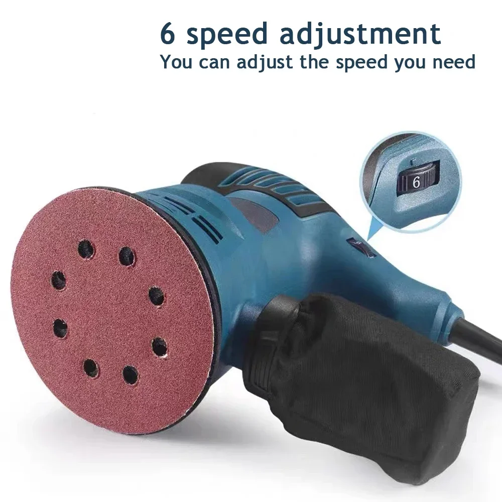 300W Electric Eccentric Sander, 6 Gears Speed Adjustment 5 Inch 125mm , for Wood Sanding and Car Polishing