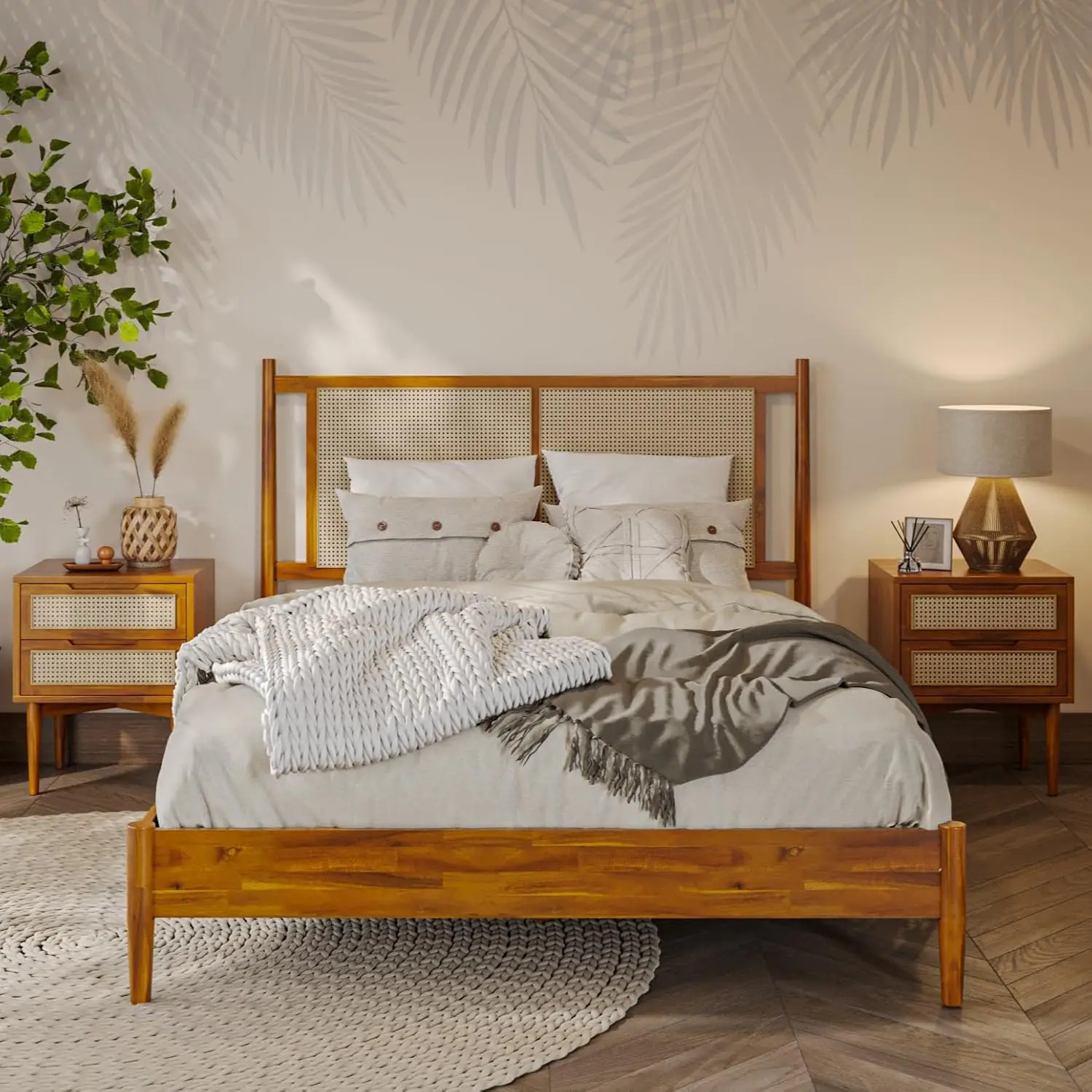 Oliver Headboard Queen Size Bed Frame - 15-Inch Signature Design with Rattan Headboard Bohemian and Mid Century Style 12-Slat Wo