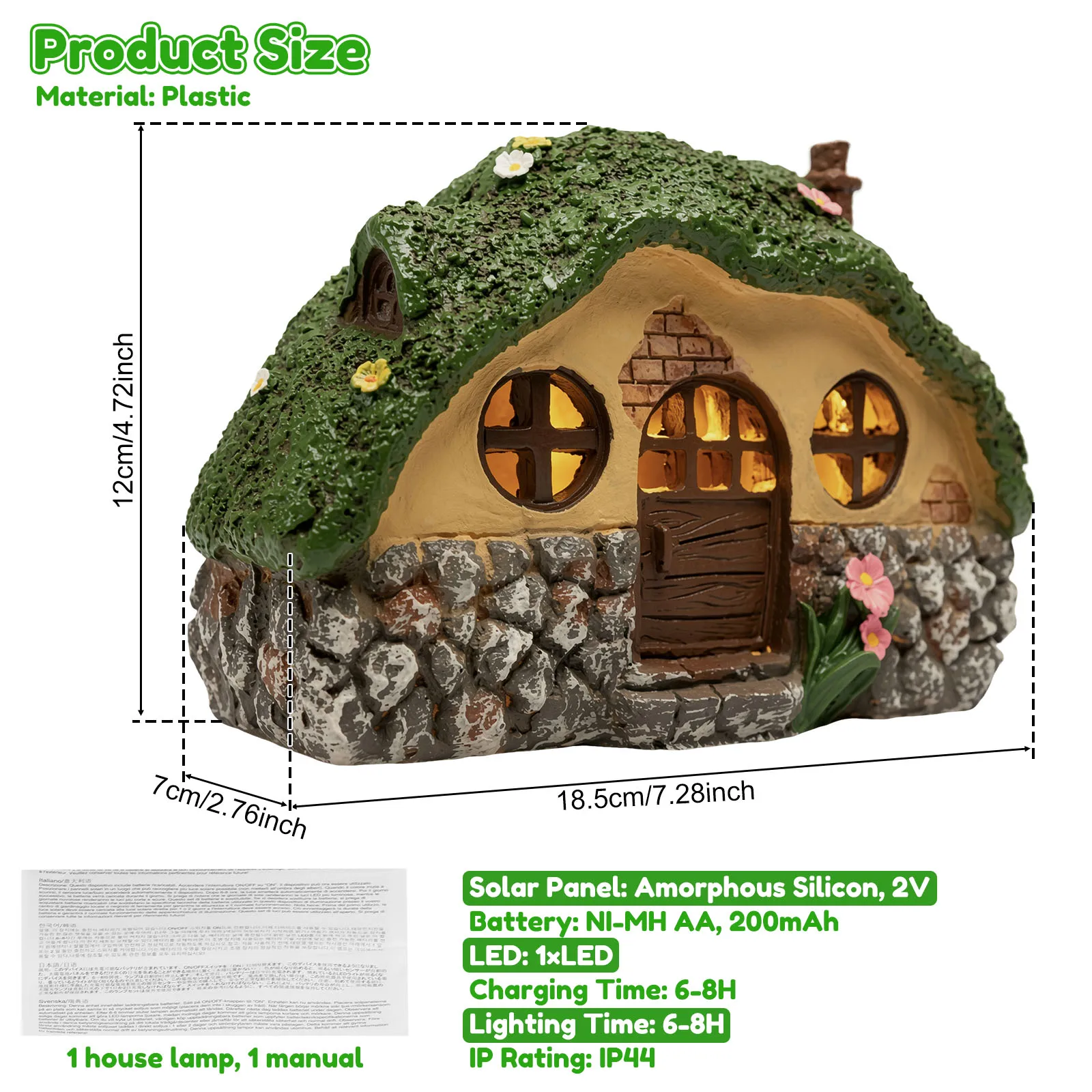 Solar Powered Statue Moss Fairy House Statue Resin LED Garden Light Waterproof Elf Cottage Ornament Outdoor Yard Lawn Patio