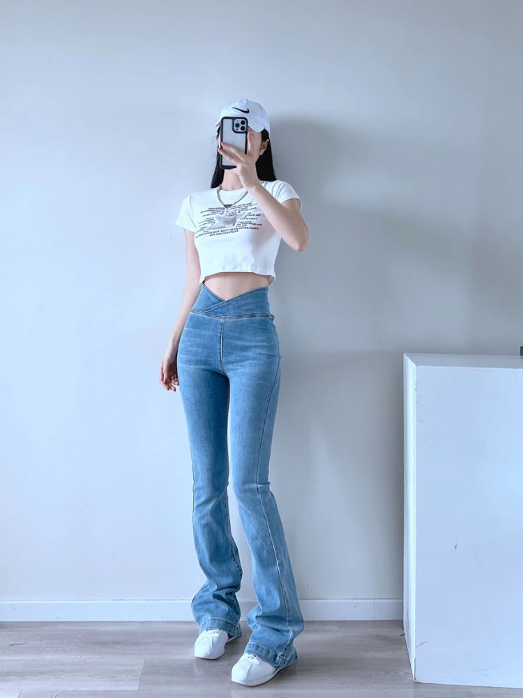 

Female Cowboy Pants Blue Stretch High Waist Shot Women's Flare Jeans Spring Autumn Wholesale Pant Cool Luxury Designer Trousers