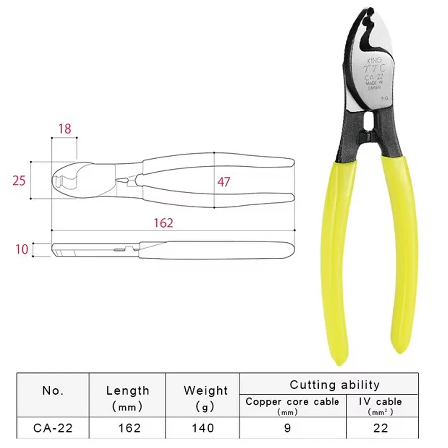 TSUNODA CA-22/CA-22S 150mm King TTC Spring Loaded Cable Cutter Wire Cutter Cable Cutting Pliers Repair Hand Tools