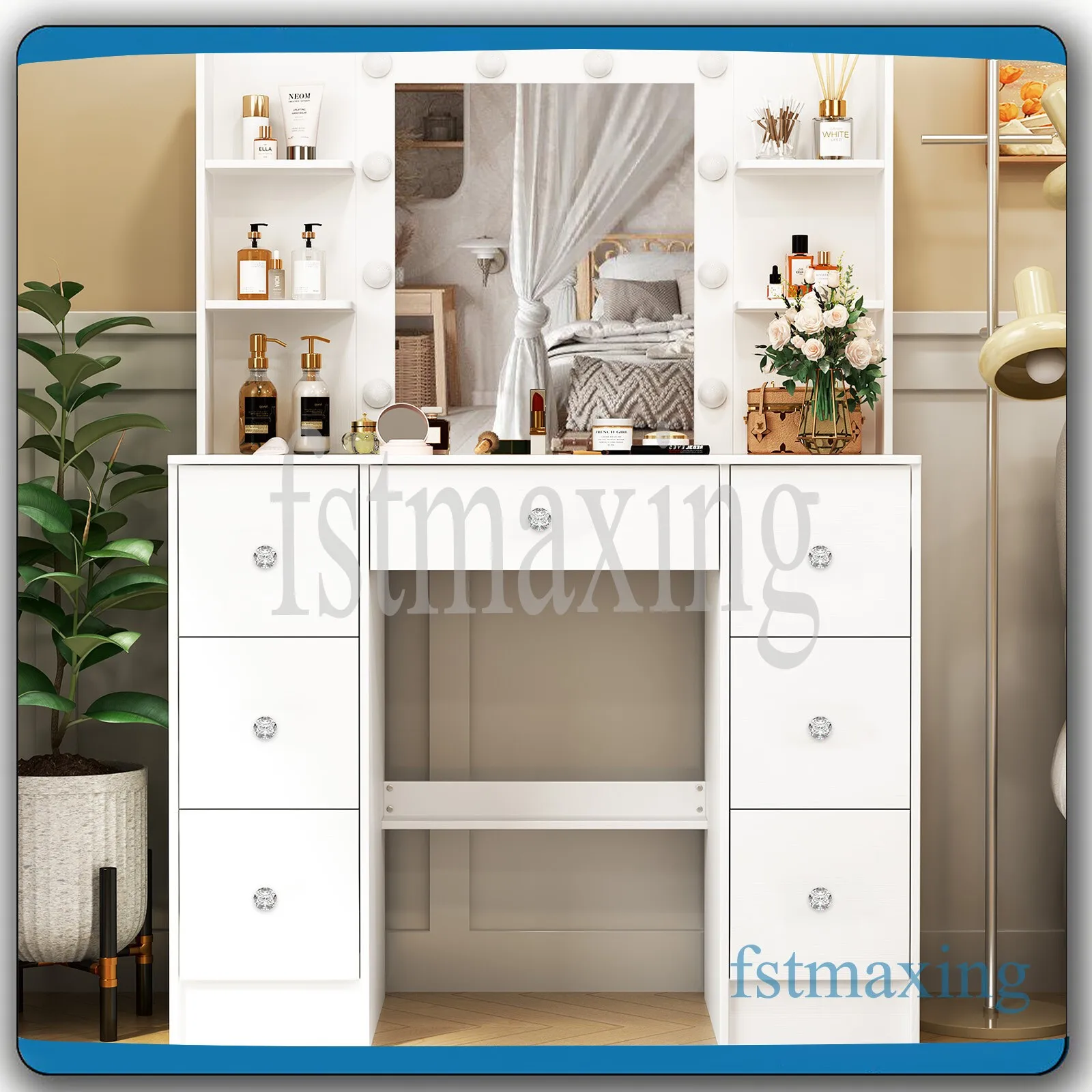 طقم مكتب فانيتي مع مرآة بمصابيح LED و7 أدراج لطاولة تزيين المكياج