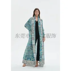 KAF Pleated Large Size Women Trench Coat 2024 Spring and Autumn New Vintage Printed Design Luxury Female Coat Arabian Abaya