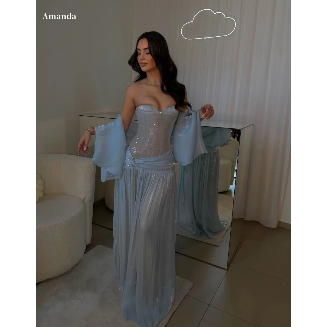

Вечернее платье Amanda Customized для выпускного вечера, светло-голубое, без бретелек, с пайетками, корсетом, плиссированное, макси-платье со съемными элементами