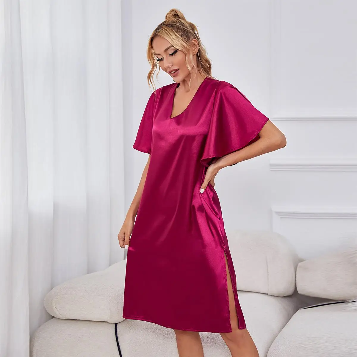 Women Nightgown Summer Night Dress Silk Satin Sexy Sleepwear Loose Casual Home Wear Nightwear Ruffle Sleeve Side Split Pajamas