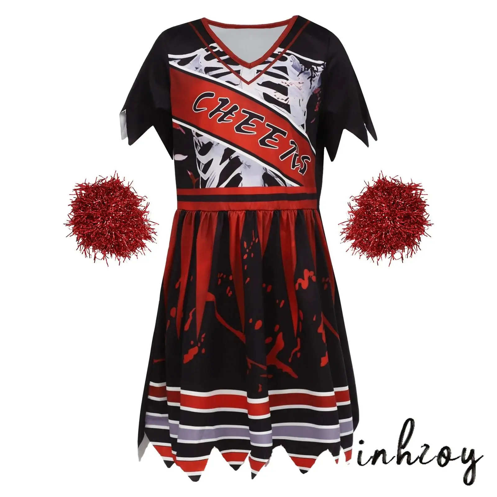 

Girls Cheer Dance Performance Outfit Short Sleeve Ruffled Saw-Shaped Hem Cheerleading Dress with Hand Pom-pom Set for Halloween
