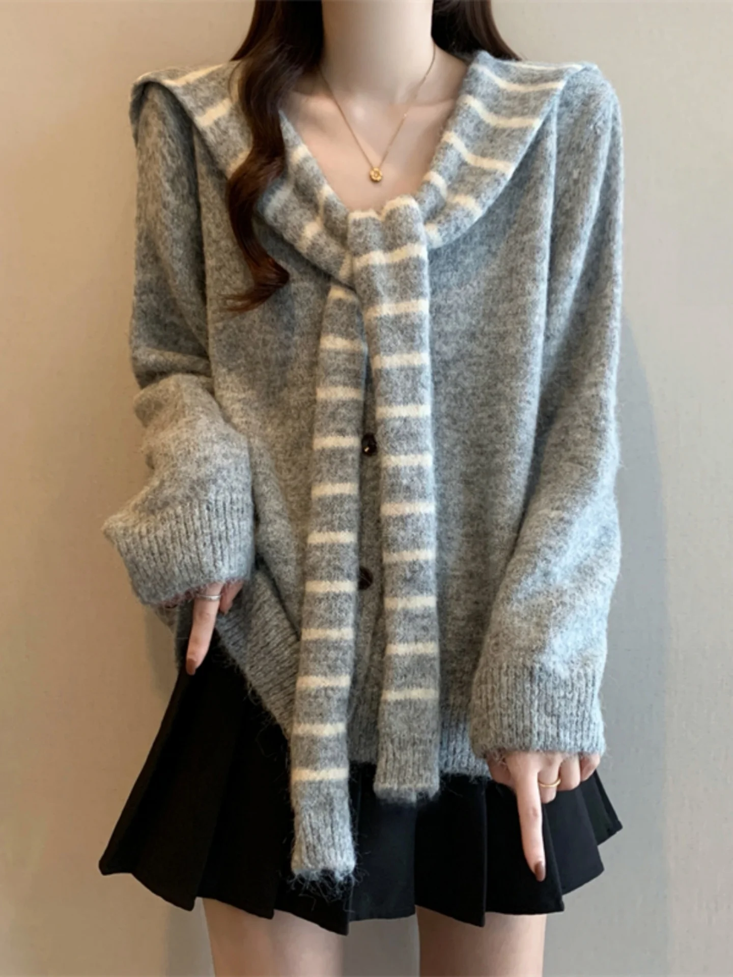 

Short V-Neck Knitted Cardigan Sweater Women's Spring Autumn plus Size Fat MM Striped Shawl Top Two-Piece Set Casual Korean Style