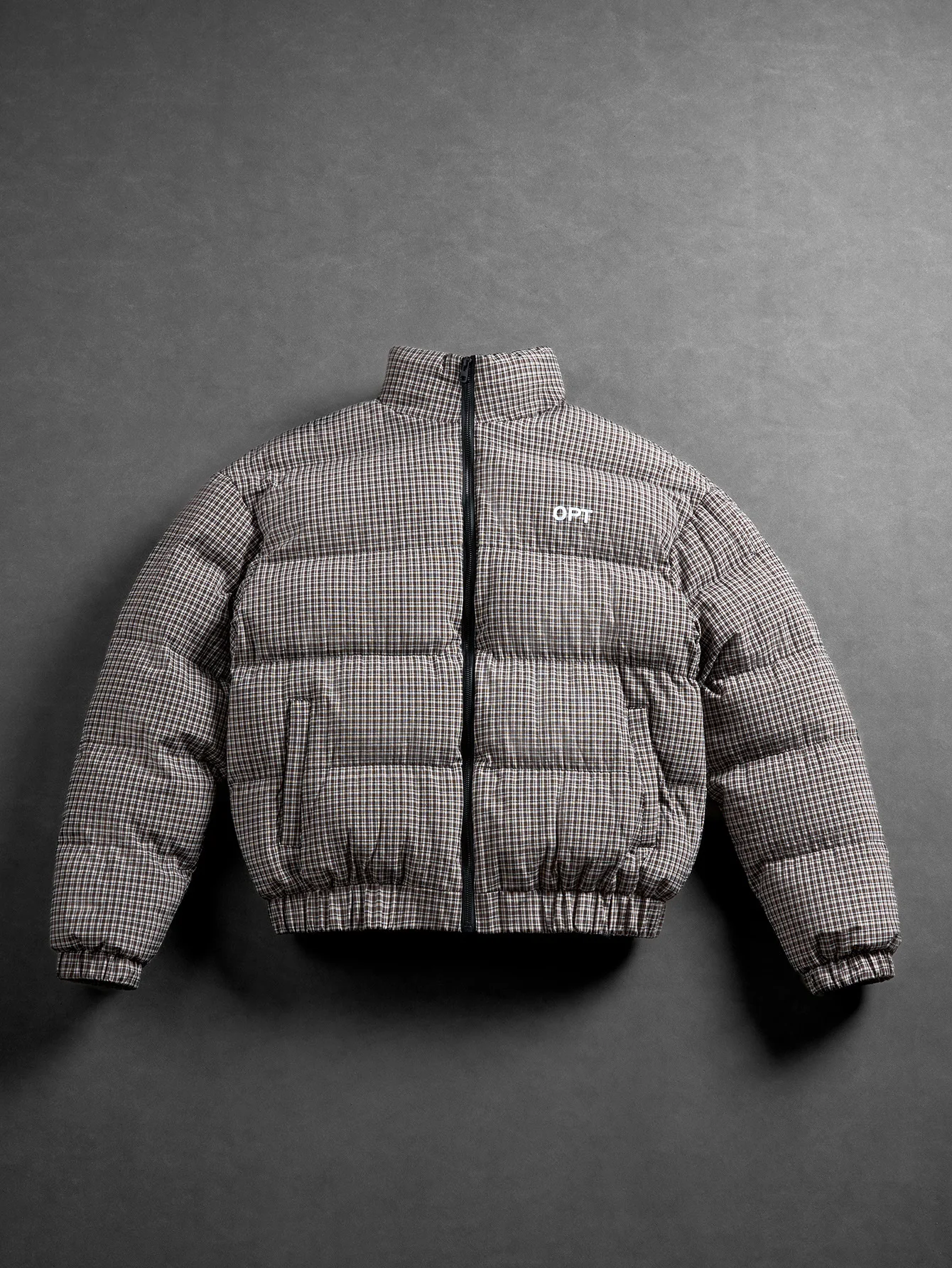Men's Plaid Stand Collar Puffer Jacket, Letter Print on Chest, Zipper Closure, Side Pockets, Elastic Cuffs & Hem, Thick Warm Coat, Winter Streetwear Outerwear