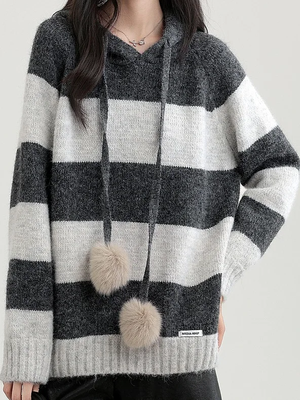 

Women's Stripe Hooded Sweater Sweatirt Loose Knitted Top Winter Korean Sle Lazy Faion Long Sve Regular Fit Autumn