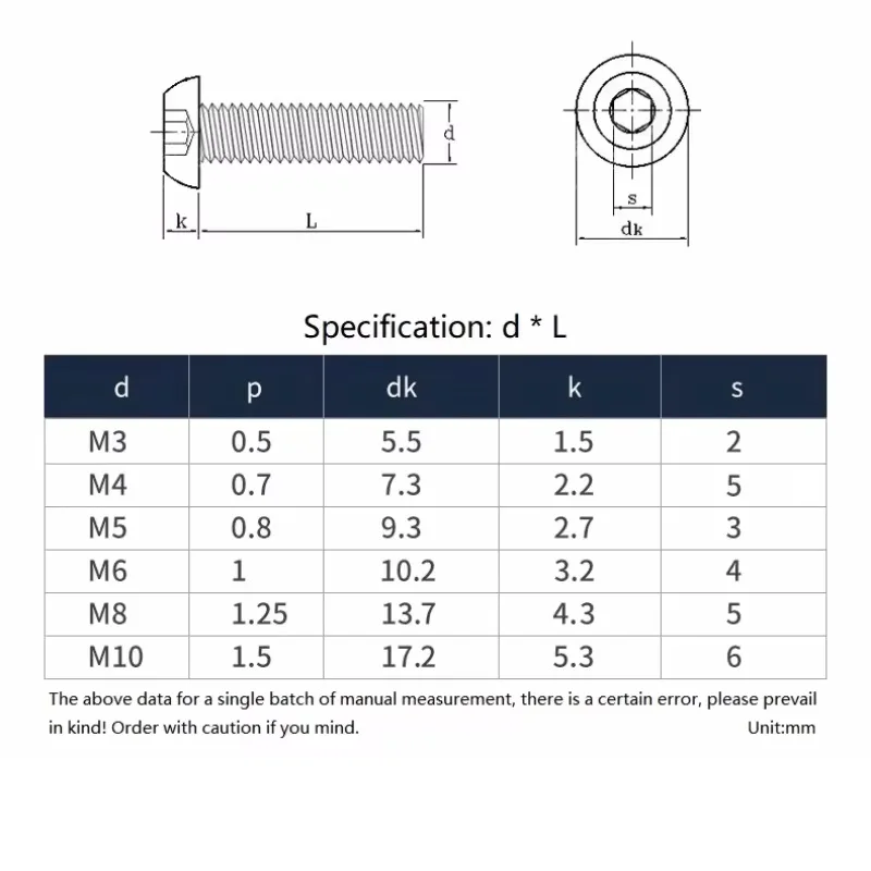 M3 M4 M5 304 Stianless Steel 500h Passivation Salt Spray Hexagon Socket Button Head Screw Hex Round Head Bolt