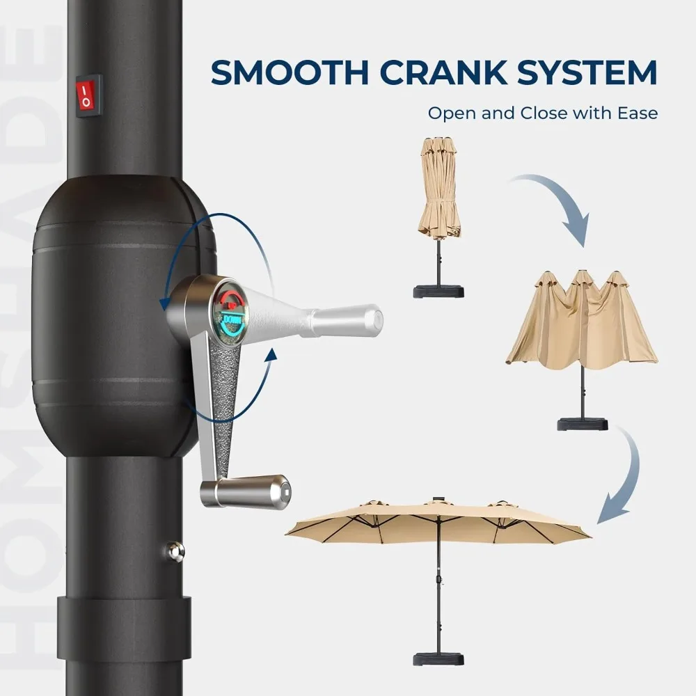 Double Sided Patio Umbrellas - 15ft Solar Lights LED Lighted Outdoor Extra Large Market Table Umbrella with Base Included