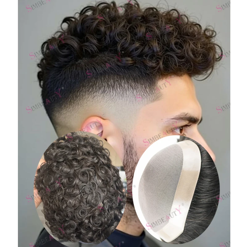 

120Density Cheapest Fine Mono Mesh Base Men Human Hair Toupee Super Durable Natural Hairline 18mm Curly #4 Light Brown Hair Wigs