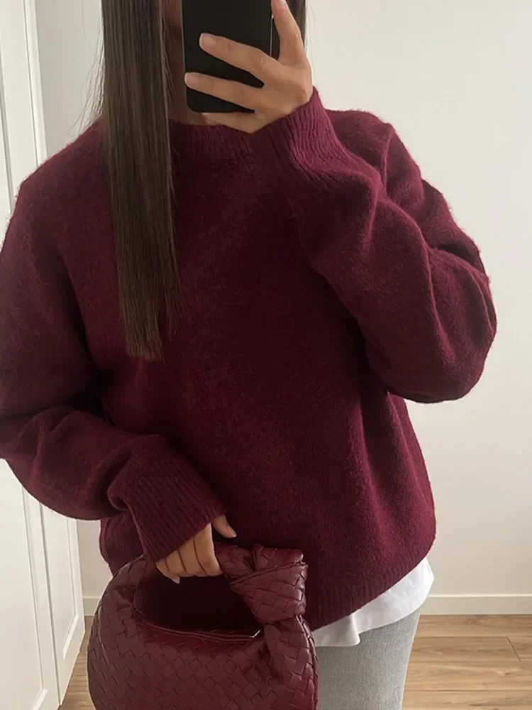 

Woman Elegant Dark Red O Neck Knitted Pullover Fashion Long Sleeve Solid Color Sweater 2024 New Fall Winter Daily Warm Knitwear