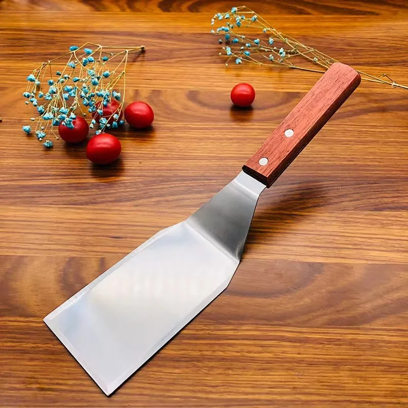 Espátula de acero inoxidable con mango de madera para carne, pizza, tortitas y BBQ, utensilio de cocina
