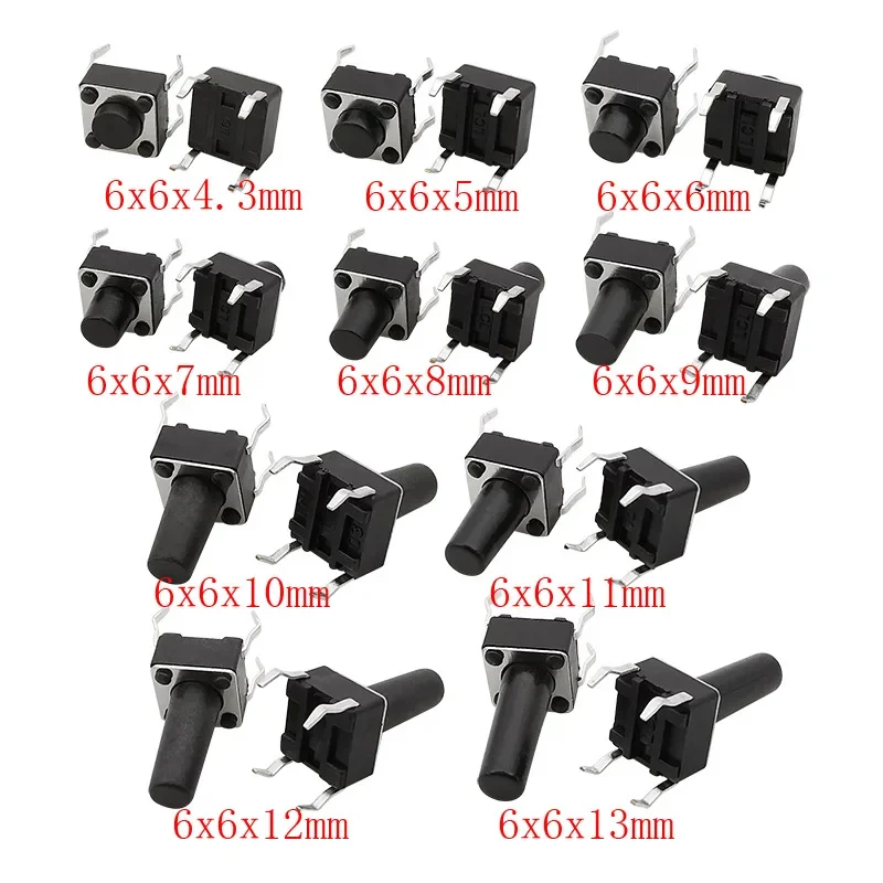 200pcs Micro Tactile Switch Momentary Tact DIP Switch 4Pin 6 x 6mm Touch Push Button Switch High 4.3mm 5mm 6mm 7mm 8mm-13mm