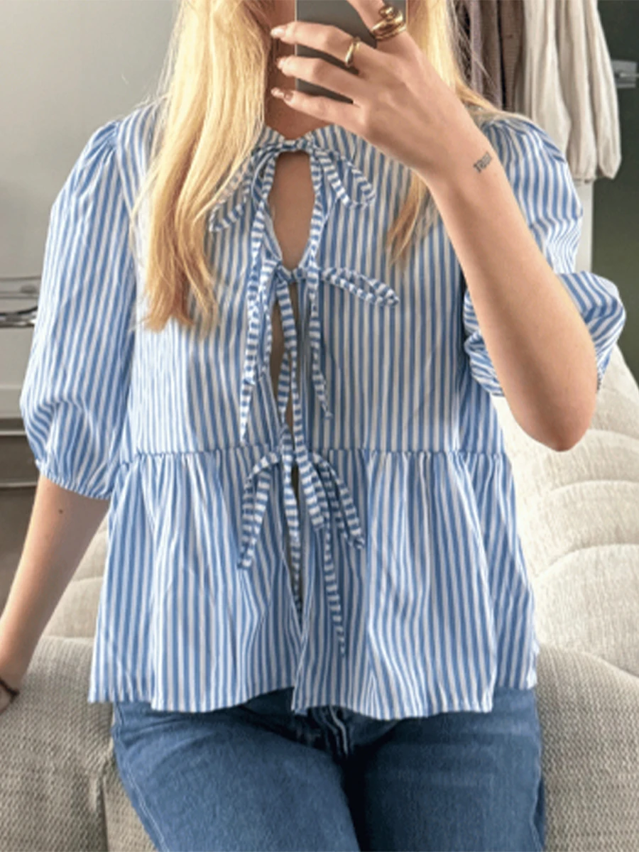 Women Bow Tie-Up Front Tops Plaid/Striped Peplum Babydoll Blouse Half Puff Sleeve Crew Neck Lace Up Casual Shirt for Daily Life