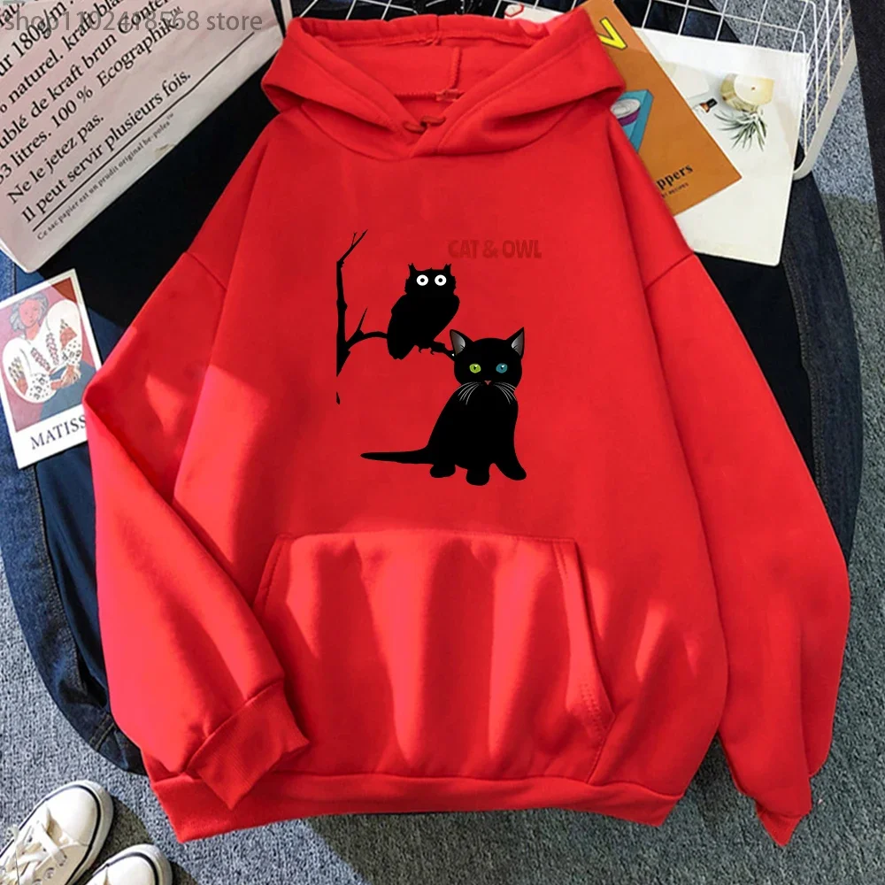 A Cat and An Owl Hoodies Cartoon Graphic Sweatshirts Harajuk Y2k Clothes Streetwear Women Long Sleeve Pullovers Male Men Tops