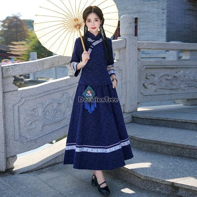 2025 chinese retro national style stand collar cheongsam button tang suit blouse loose elastic waist skirt 2piece printed set